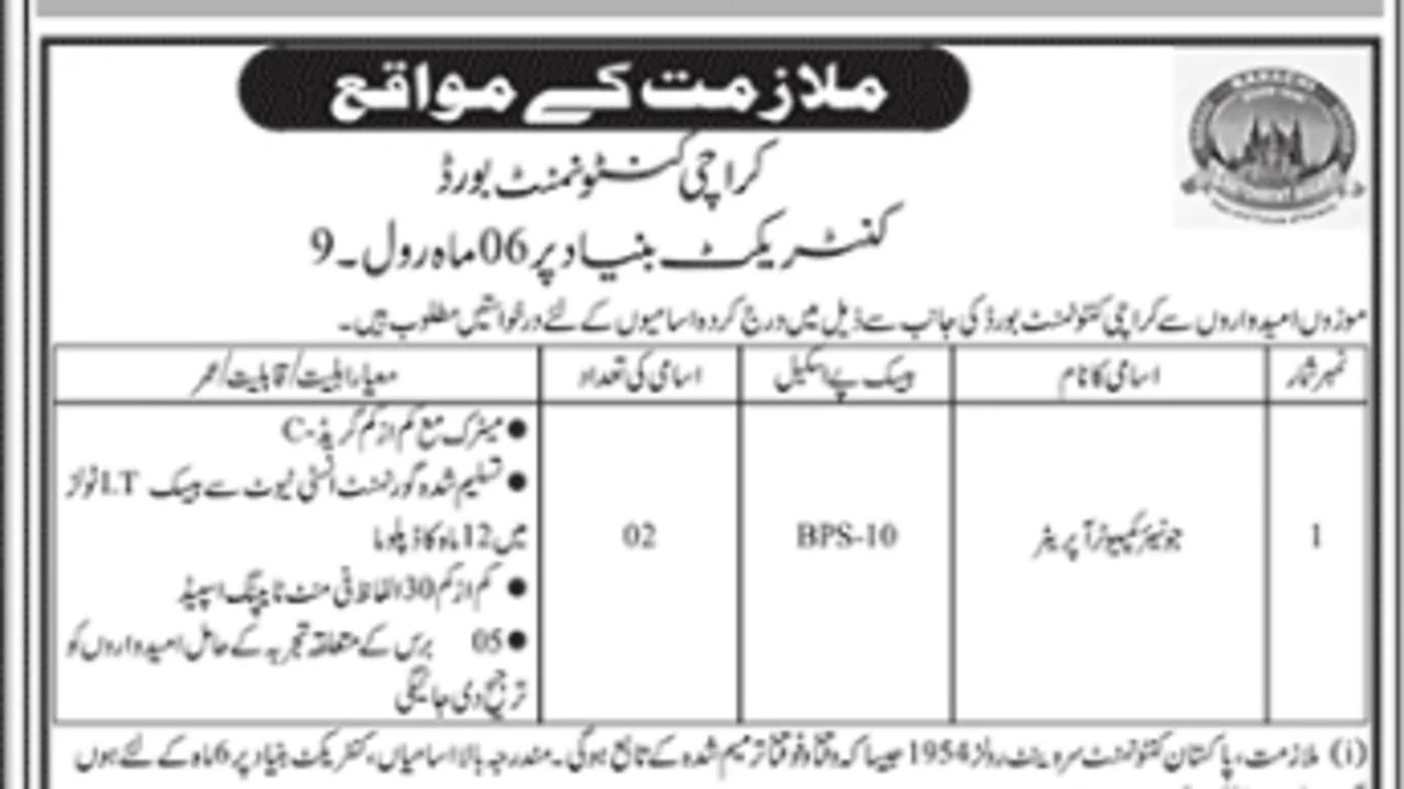 Career Opportunity At Cantonment Board Karachi Jobs March 2023