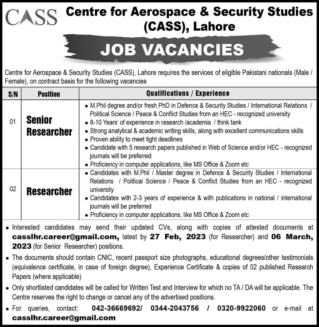 Centre For Aerospace Security Studies Jobs In Lahore 2023