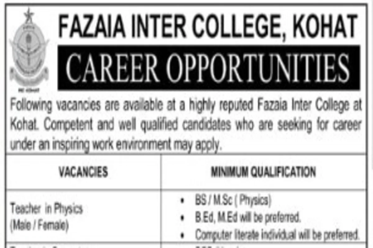Fazaia Inter College Kohat Jobs 2023 Advertisement