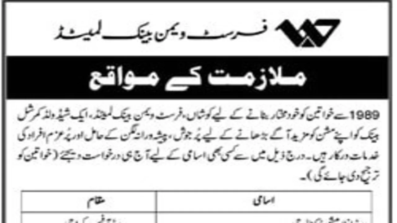 First Women Bank Limited Karachi Jobs 2023 Advertisement