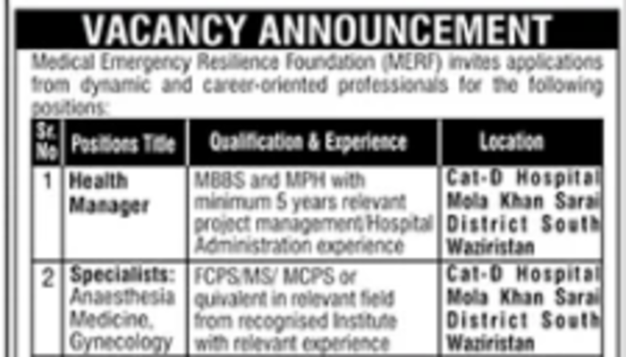 Medical Emergency Resilience Foundation Jobs In Pakistan 2023 2