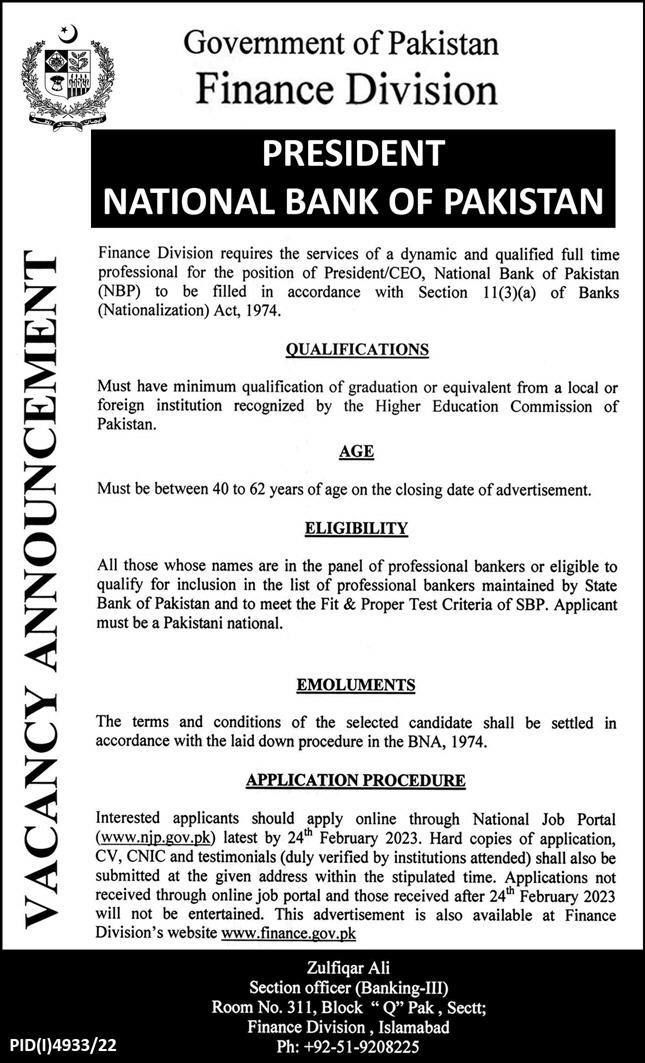President National Bank Of Pakistan Jobs 2023