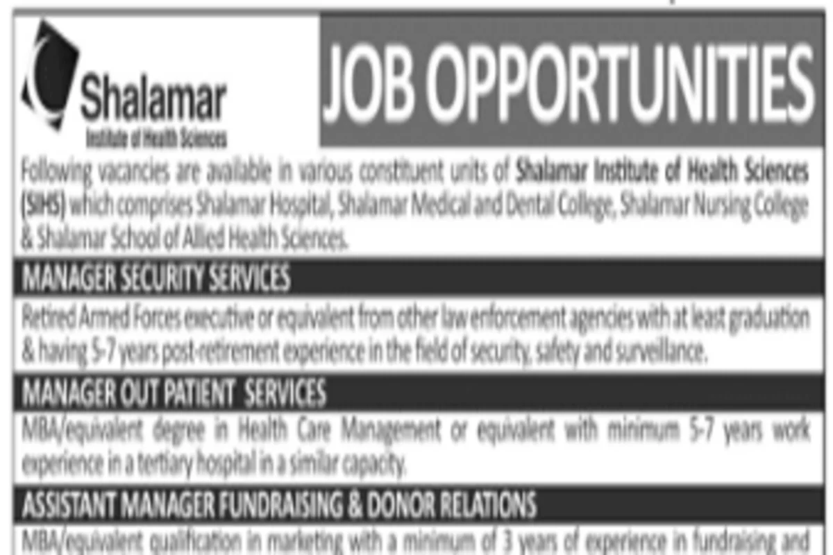 Shalamar Institute Of Health Sciences Jobs In Lahore 2023