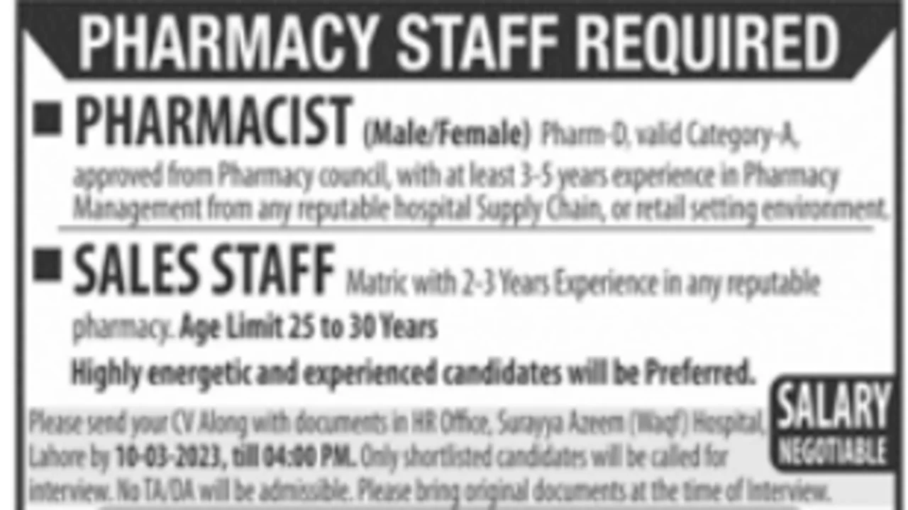 Latest Pharmacy Staff Jobs In Lahore 2023